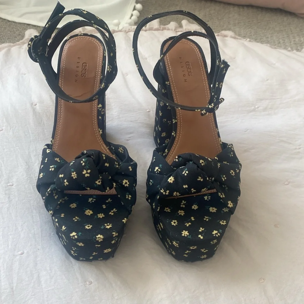 ASOS Floral Platform Block Heels with Ankle Strap